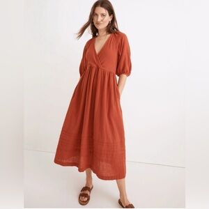 Madewell Marianna Puff-Sleeve Midi Dress. Etruscan Clay (Terracotta). Sz Small